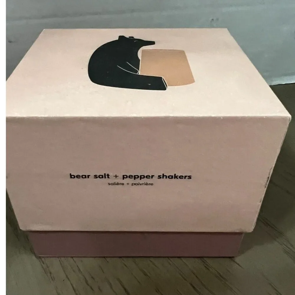West Elm Bear Salt & Pepper Shakers Cast Iron & Wood New